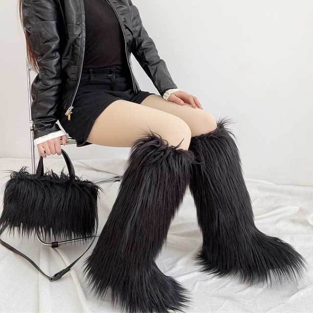 Winter Fashion Plush Faux Fur Long Boots Bag Set