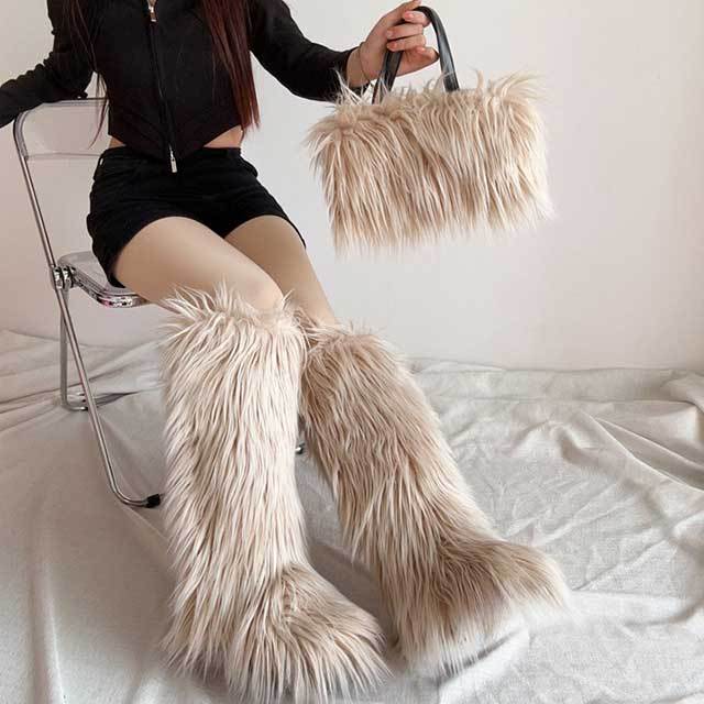 Winter Fashion Plush Faux Fur Long Boots Bag Set