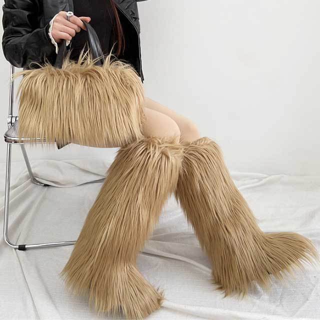 Winter Fashion Plush Faux Fur Long Boots Bag Set