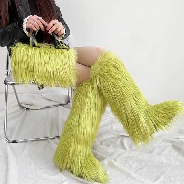 Winter Fashion Plush Faux Fur Long Boots Bag Set