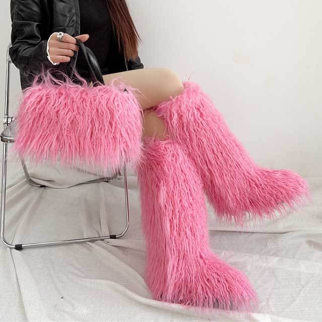 Winter Fashion Plush Faux Fur Long Boots Bag Set