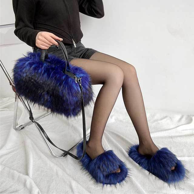 Luxury Faux Fur Flat Slippers Bag Set