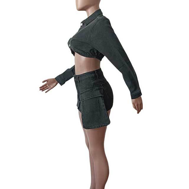 Denim Crop Jacket Top Cargo Skirt Set
