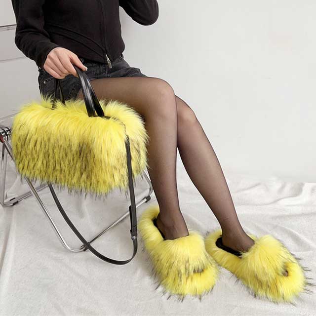 Faux Fur Slippers - Global Recycled Standard Certified with Grey Tourmaline Jewel Embellishments