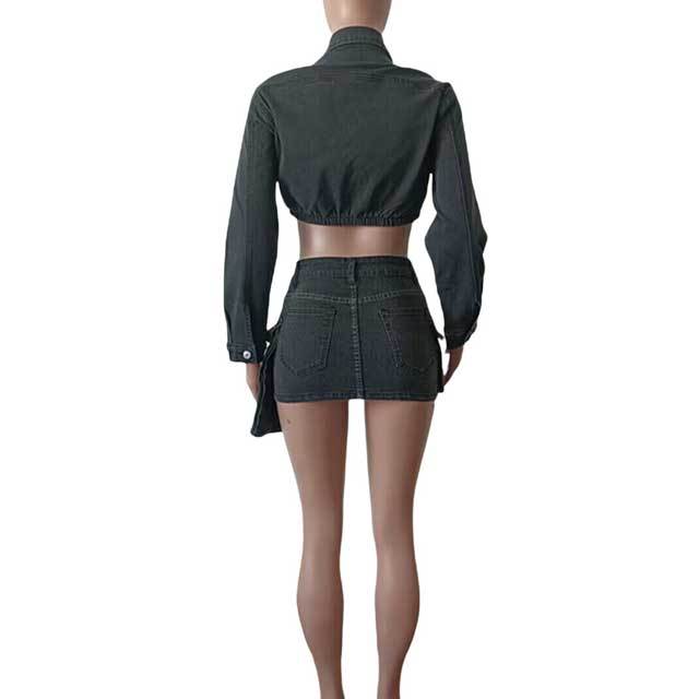 Denim Crop Jacket Top Cargo Skirt Set