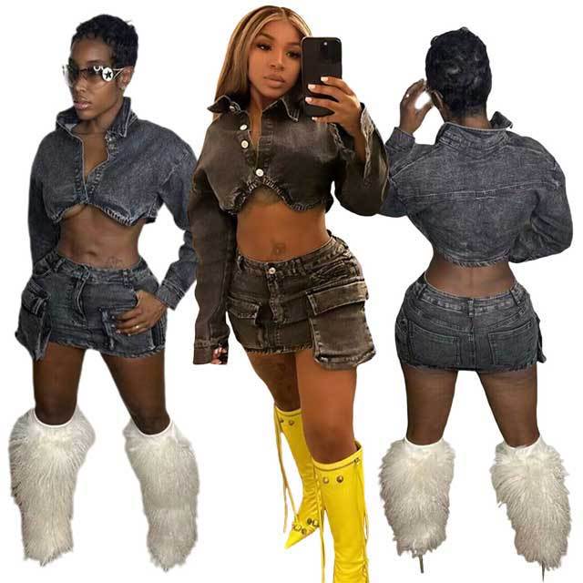 Denim Crop Jacket Top Cargo Skirt Set