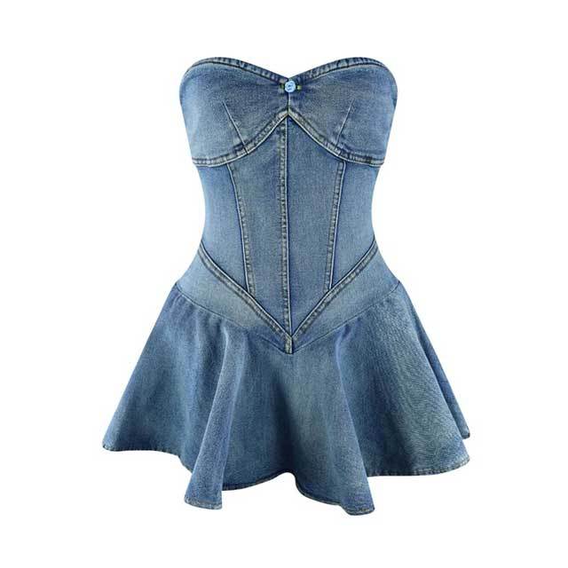 Denim Strapless Ruffle Dress
