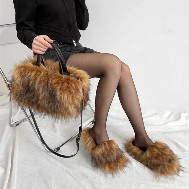 Luxury Faux Fur Flat Slippers Bag Set