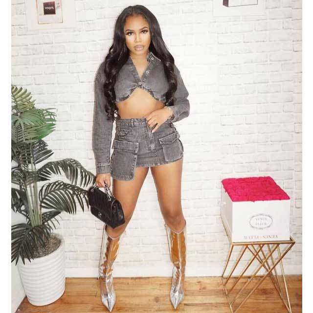 Denim Crop Jacket Top Cargo Skirt Set