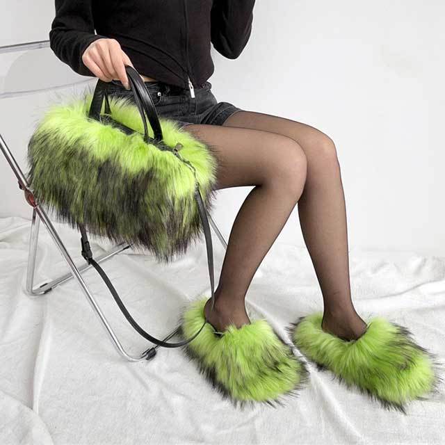 Luxury Faux Fur Flat Slippers Bag Set