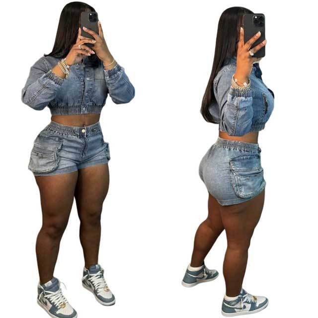 Denim Button Jacket Top Cargo Short Set