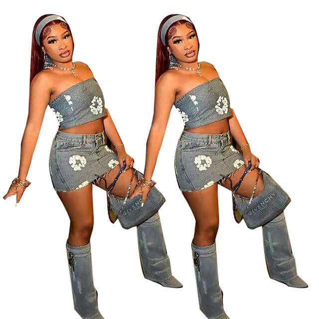 Printed Denim Tube Top Skirt Set