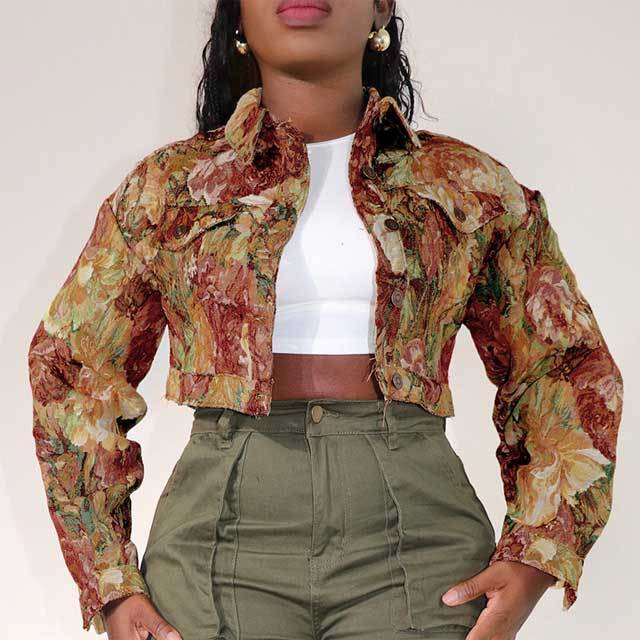 Vintage Jacquard Crop Cardigan Jacket