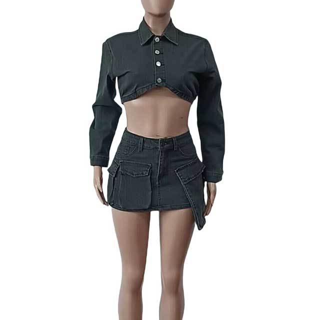 Denim Crop Jacket Top Cargo Skirt Set