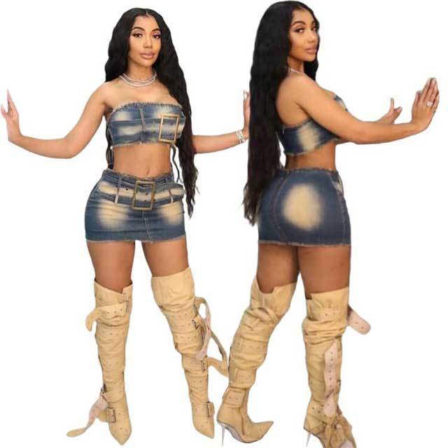 Buckle Strap Denim Tube Top Skirt Set