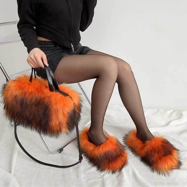 Luxury Faux Fur Flat Slippers Bag Set