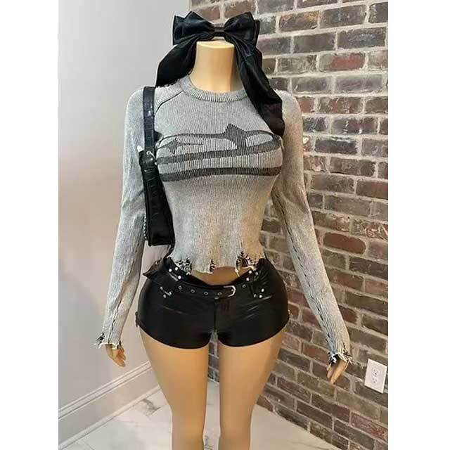 Knit Broken Top Leather Short Set