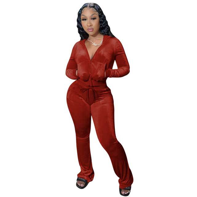 Velvet Hooded Top Casual Pants Set