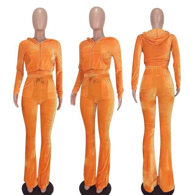 Velvet Hooded Top Casual Pants Set