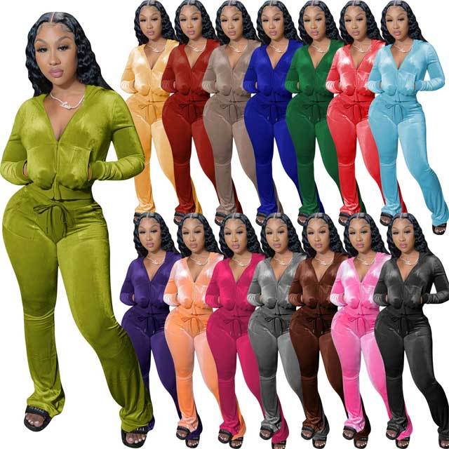 Velvet Hooded Top Casual Pants Set