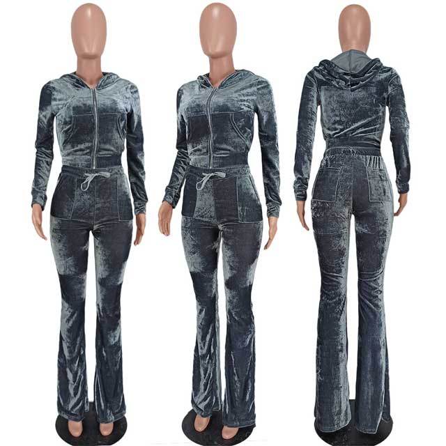Velvet Hooded Top Casual Pants Set
