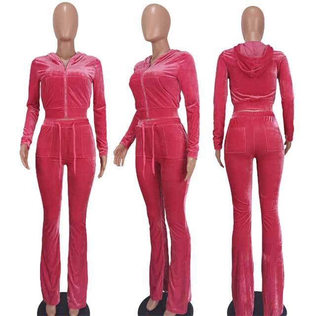 Velvet Hooded Top Casual Pants Set
