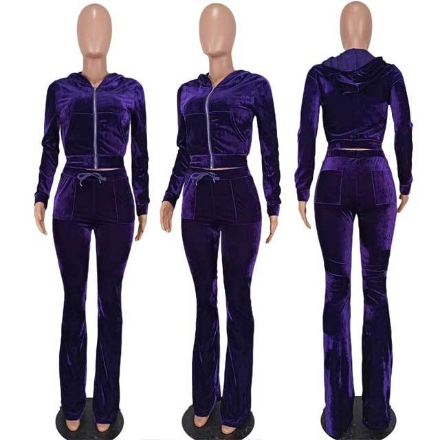 Velvet Hooded Top Casual Pants Set
