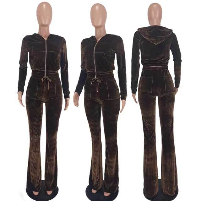 Velvet Hooded Top Casual Pants Set
