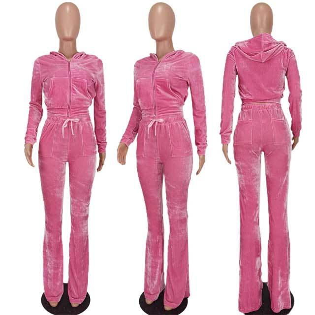 Velvet Hooded Top Casual Pants Set
