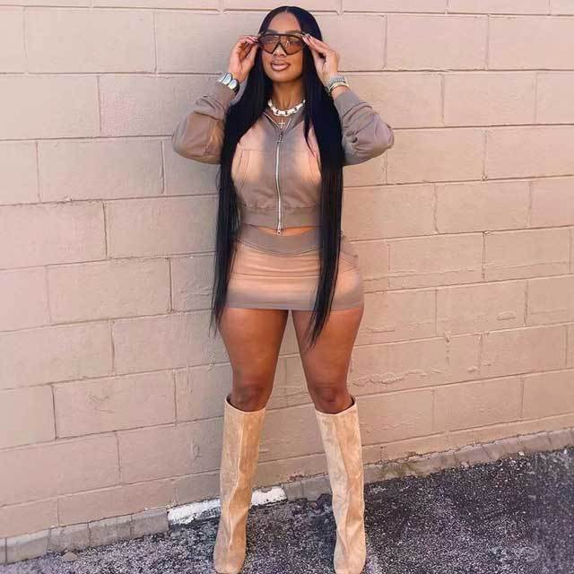 Washed Hooded Top Skirt Set
