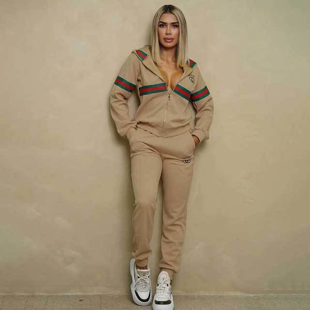 Embroidery Embossing Striped Hooded Tracksuit Set