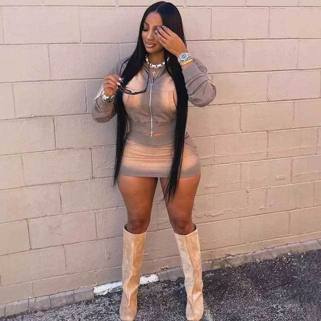 Washed Hooded Top Skirt Set