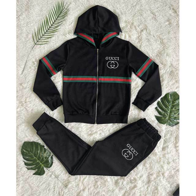 Embroidery Embossing Striped Hooded Tracksuit Set