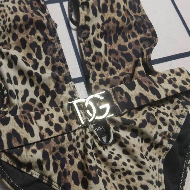 Metal Logo Leopard Print Halter Swimsuit