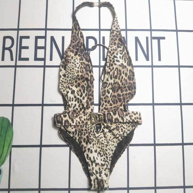 Metal Logo Leopard Print Halter Swimsuit