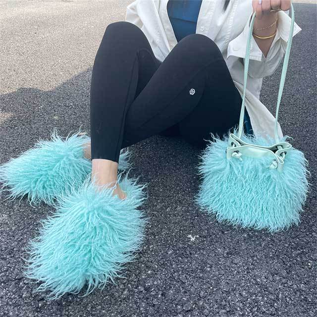 Furry Shoulder Bag and Slippers Set
