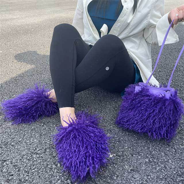 Furry Shoulder Bag and Slippers Set