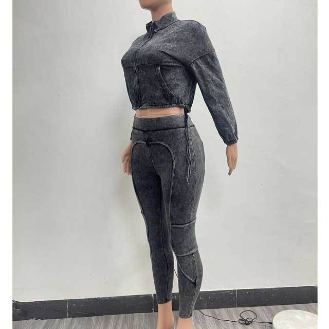 Washed Distressed Zipper Top Skinny Pants Suit