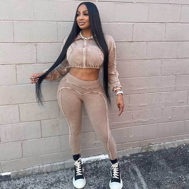 Washed Distressed Zipper Top Skinny Pants Suit