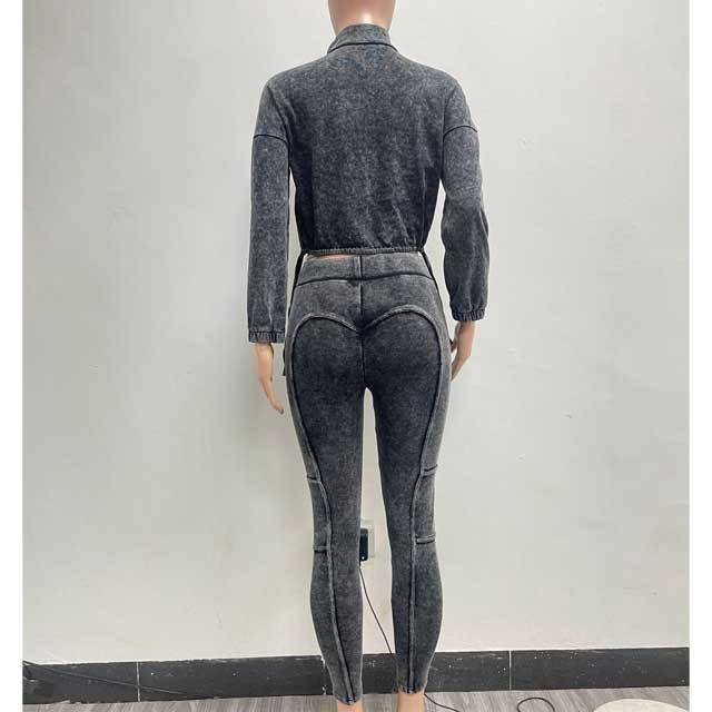 Washed Distressed Zipper Top Skinny Pants Suit