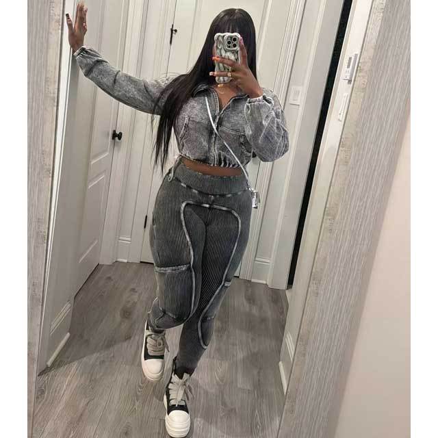 Washed Distressed Zipper Top Skinny Pants Suit