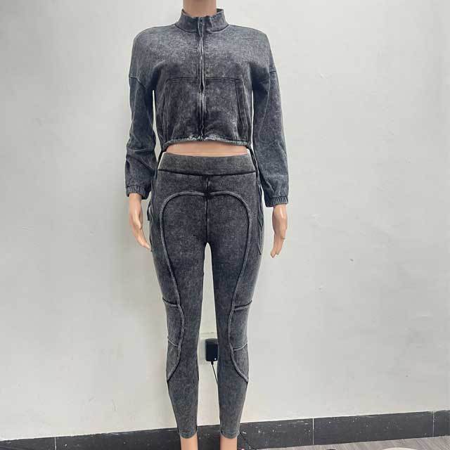 Washed Distressed Zipper Top Skinny Pants Suit