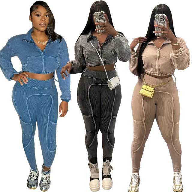 Washed Distressed Zipper Top Skinny Pants Suit