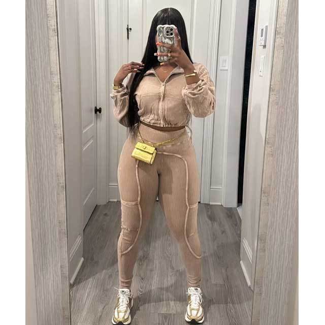 Washed Distressed Zipper Top Skinny Pants Suit