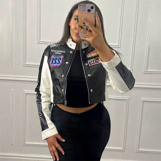 Color Block Crop Baseball Jacket