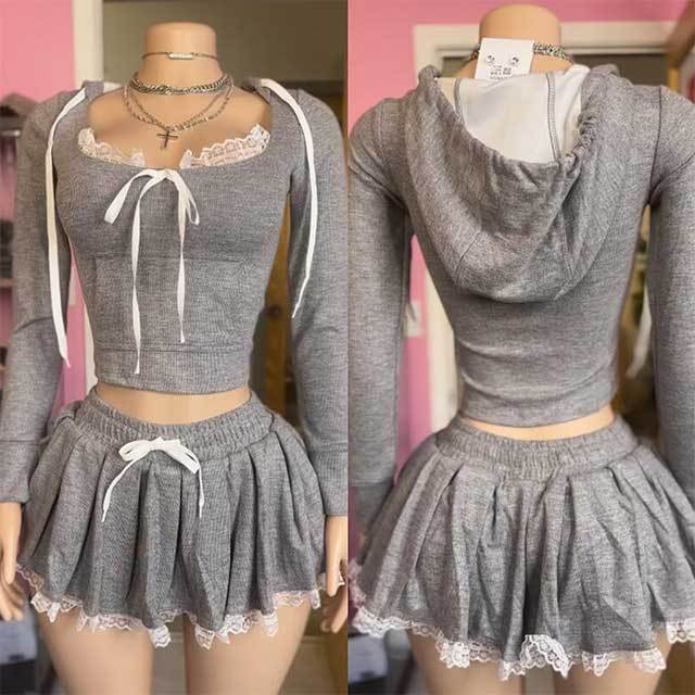 Lace Hooded Top Mini Short Set