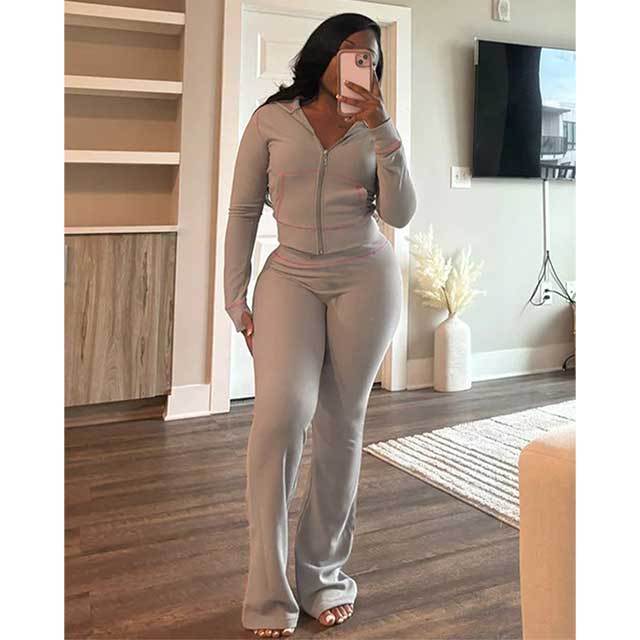 Zipper Hooded Top Casual Fall Pants Suit