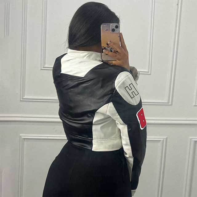Color Block Crop Baseball Jacket