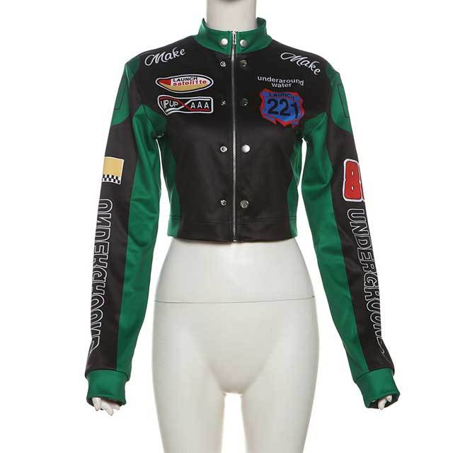 Color Block Crop Baseball Jacket
