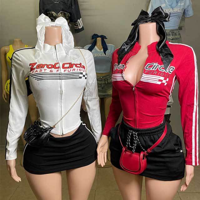 Zipper Up Jacket Top Mini Skirt Set (top+skirt+hair clips)